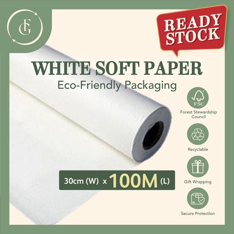 White soft paper [30cm x 100M] Wrapping tissue paper 100 Recyclable