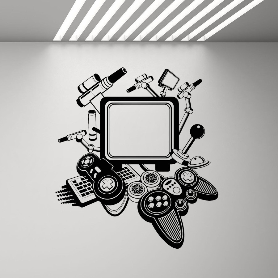 Vintage Computer Wall Art Decal Gamer Gaming Joysticks Cool Decor Vinyl Sticker Mural for Boys Bedroom Home Decoration