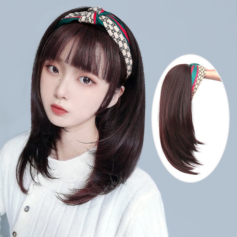 Wig Female Medium Long Hair Short Hair Lazy Clavicle Hair Band Half Headgear Air Bangs Bobo Head Natural Full Headgear Shopee Malaysia