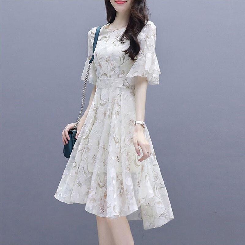 Floral Dress Female 2022 Summer New Style Slim-Fit Slimmer Look Super Fairy  Temperament Mid-Length Skirt Short Sleeves | Shopee Malaysia