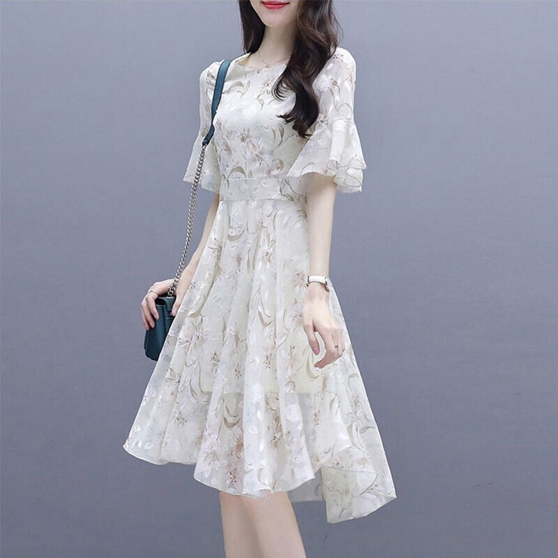 DressFloral Dress Female 2022 Summer New Style Slim-Fit Slimmer Look Super Fairy Temperament Mid-Length Skirt Short SleevesSkirt