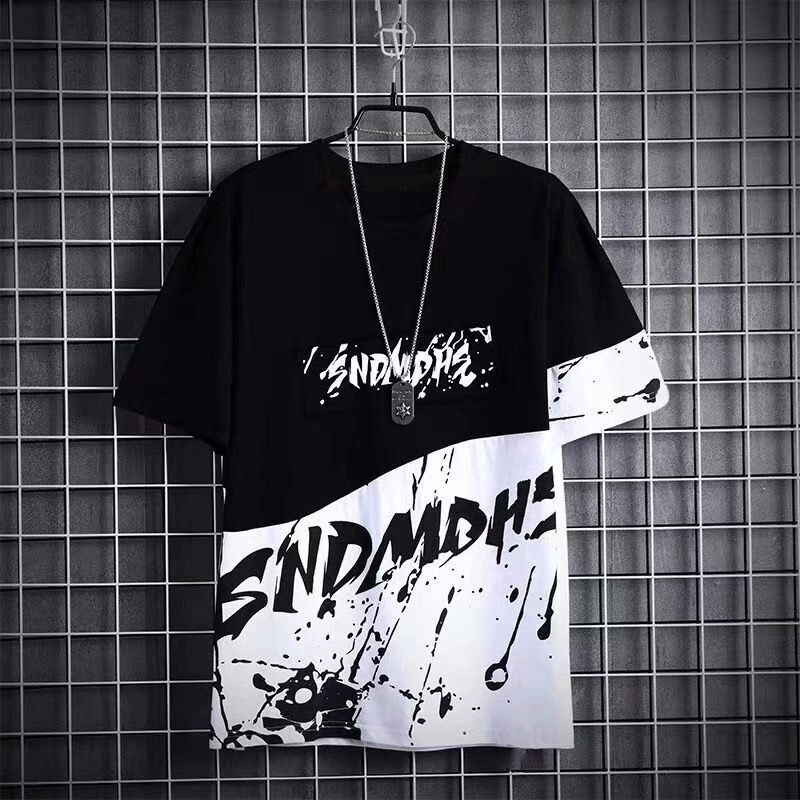 M-4XLSummer boys short-sleeved T-shirt men tide brand ins splash ink clothes loose trend wild five-point sleeve men Printed Round neck Cotton T shirt