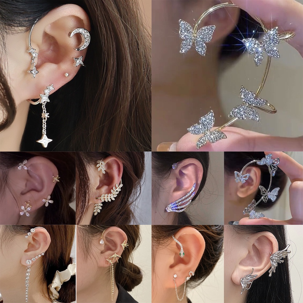 Butterfly Earrings Exquisite Zirconium Ear Cuff Leaf Ear Hook Clip On Cartilage Non Pierced