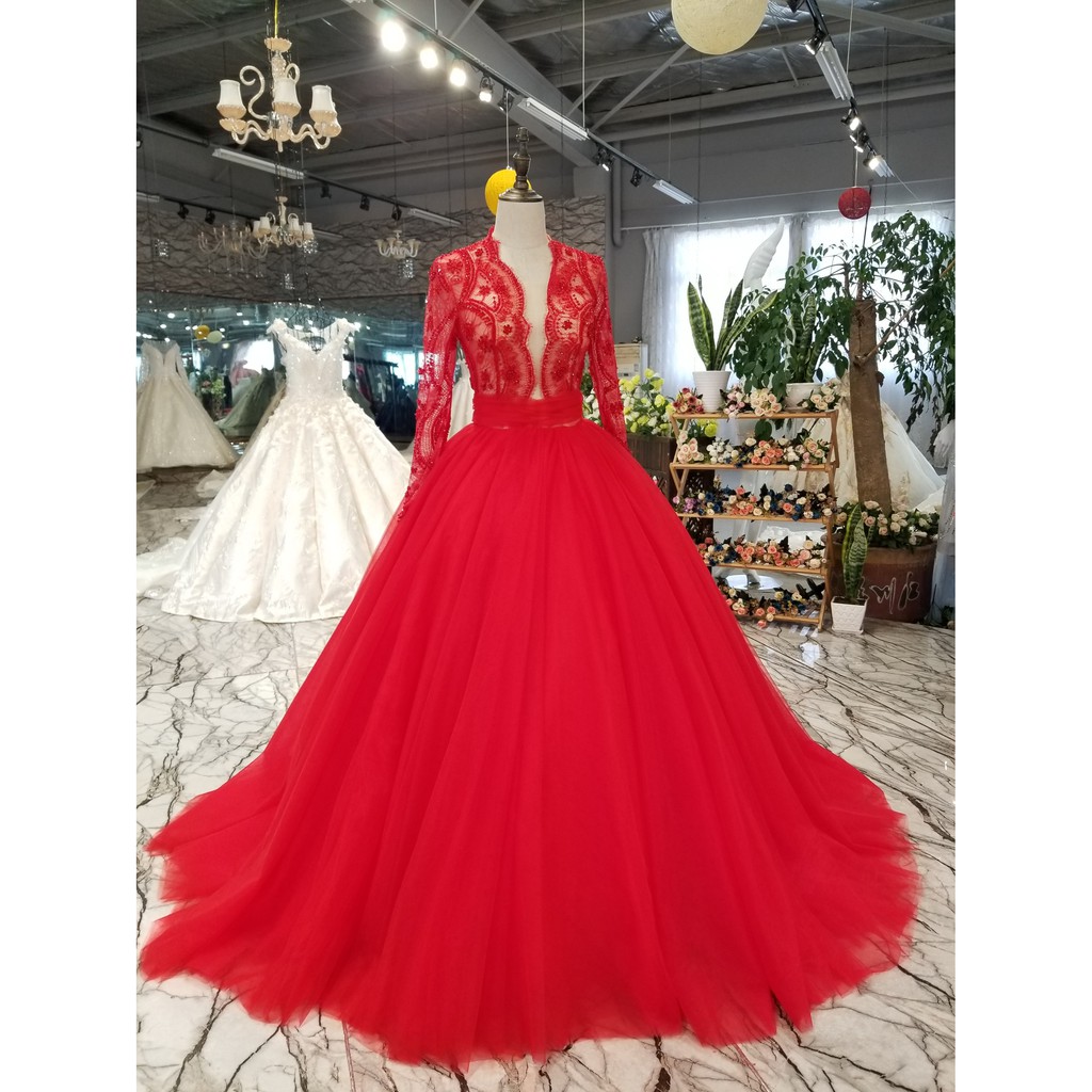 Po White Black Blue Red Long Sleeve Fishtail Wedding Dress Gown