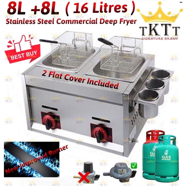 TKTT 2 x 8 Liters Dual Commercial Gas Deep Fryer Western Fast Food Cooking Stove Dapur Goreng Ayam Gunting Serbaguna