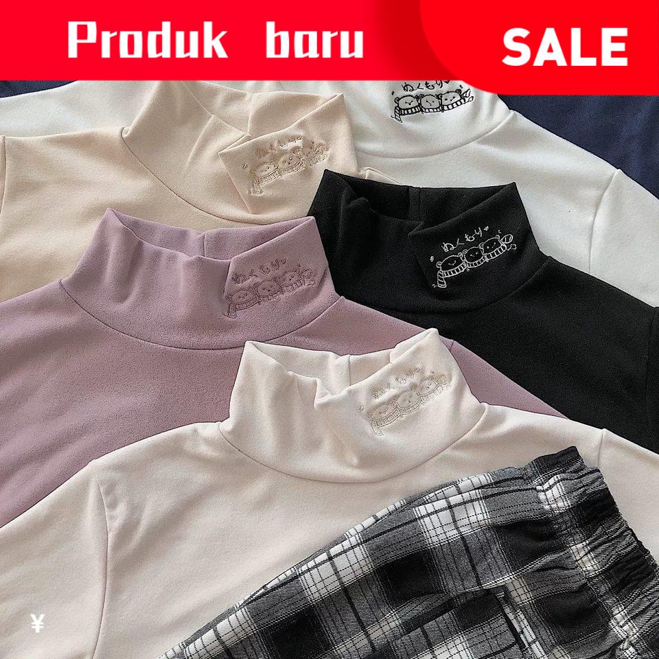 Ready Stock Inner Baju Lengan Panjang Baju Wanita Blouse Musim Luruh Dan Musim Sejuk Jepun Comel Baldu Kolar Tinggi Baju Kemeja Liar Longgar Kolar T Shirt Wanita Gadis Lembut Lengan Panjang Ins Shirt