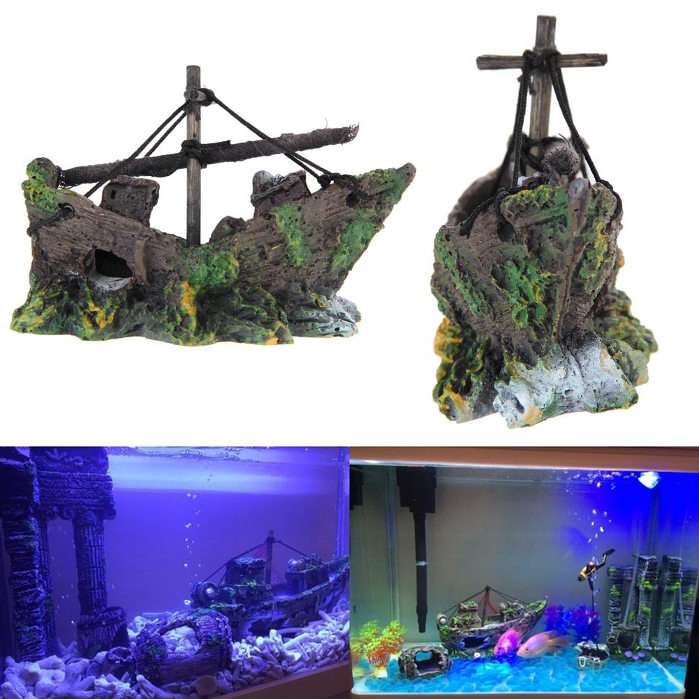 Fish Tank Decoration Cave Decor Sailing Boat Shipwreck Aquarium Sunk ...