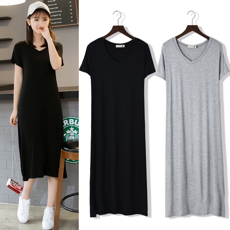 Girls Casual And Lovely One Piece Dress Cotton Slim Loose Large Short Sleeve Women S Bottomed Modal Long Skirt Shopee Malaysia