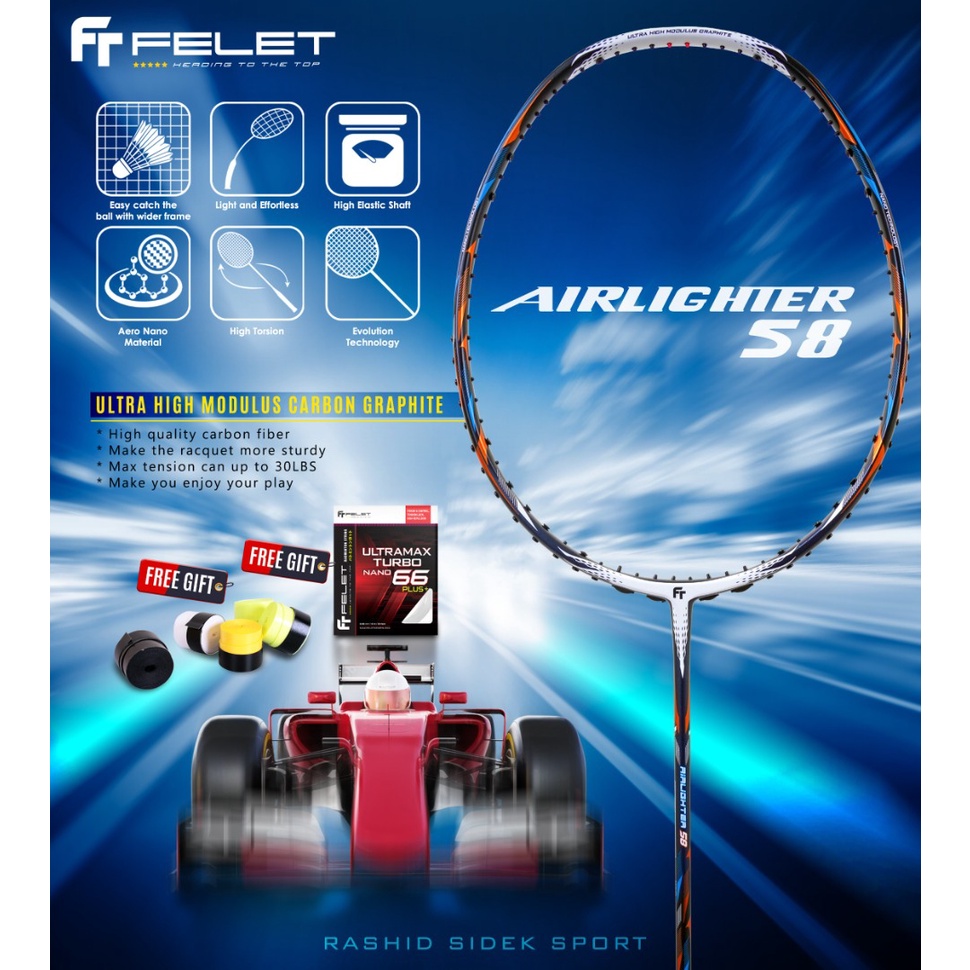 Felet Airlighter 58 Ultra Light 58g 9u Racket Badminton Racket Raket Badminton Original Racquet Badminton