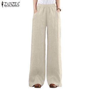 Image of ZANZEA Women Casual Solid Cotton Elastic Waist Loose Straight Pants