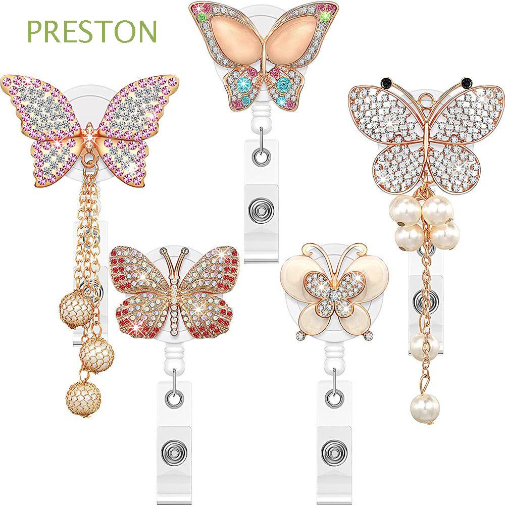 PRESTON Office Supplies Retractable Badge Reel Butterfly Hospital Badge Holder Nurse Badge Clip Chest Card Cute Work Card Clips Elephant Name Card Rhinestones ID Card Clips