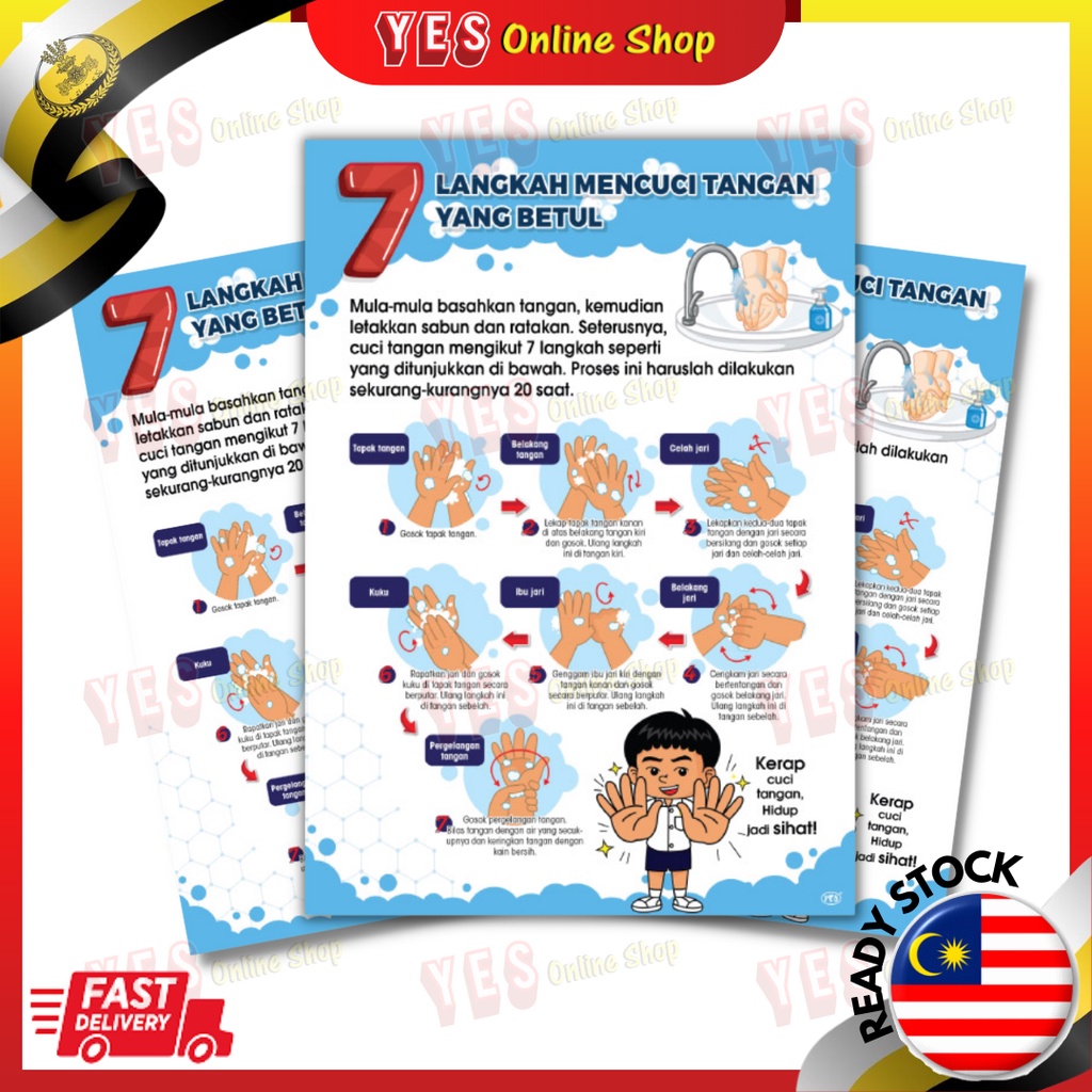 [ready Stock] Poster 7 Langkah Mencuci Tangan 7 Step Wash Hand Clean 1