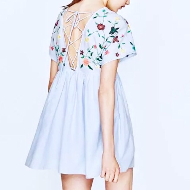 zara blue and white embroidered dress