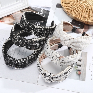 Korean New Beaded Pearl Knotted Wide-brimmed Headband Classic Ethnic Plaid Fabric HairBand Fashion Woman Hair Accessories