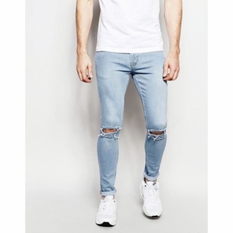 shopee: Men's Rip jeans pant /seluar lelaki skinny slim fit (0:4:Color:Light blue;1:3:Size:28)