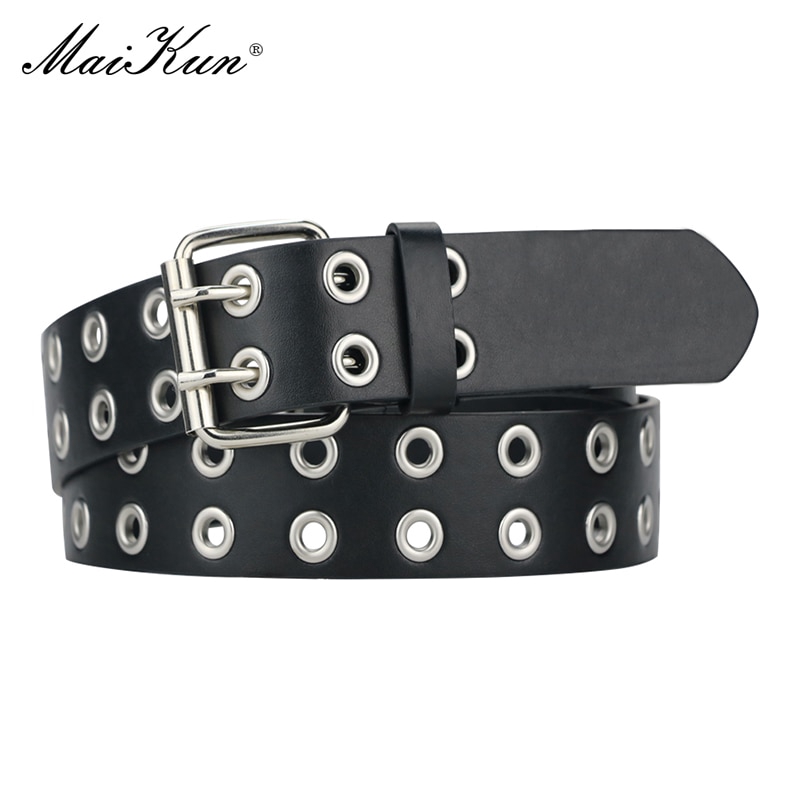 MaiKun Women Punk Belts Brand Leather Women Grunge Belt Double Pin Buckle Women Belt for Jeans Belt for Women