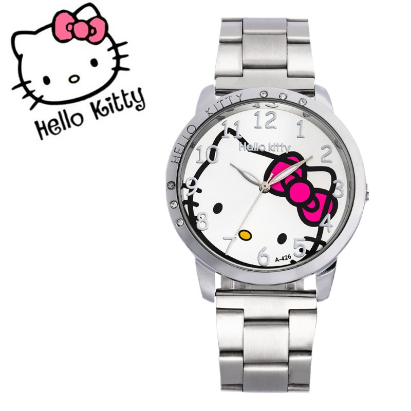 Hello Kitty Cartoon Watches Women Fashion Stainless Steel Bracelet Quartz Watch Alloy Strap Student Watches Best Gift