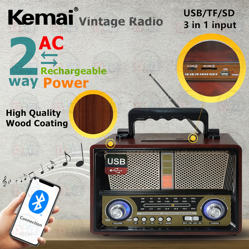 Kemai Classic Vintage rechargeable Radio with Bluetooth Speaker USB/SD/MicroSd slot MD-1802BT