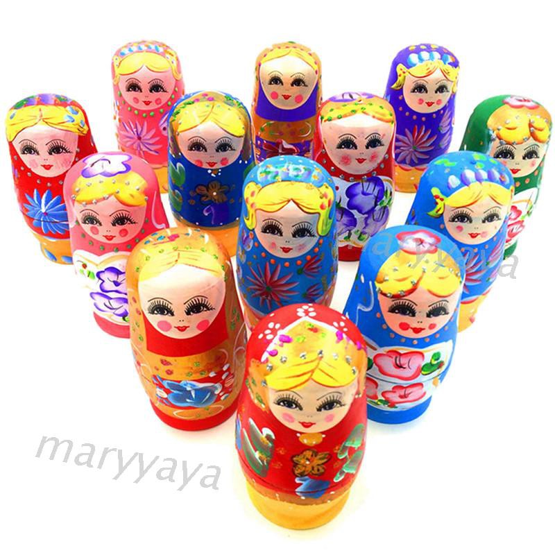 Mary Set Of 5 Pcs Dolls Wooden Russian Nesting Babushka Matryoshka Hand Painted Gift