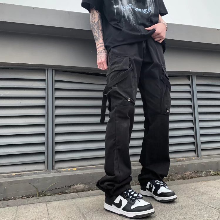 Must Versatile 【Ribbon】Hip Hop Plus Size Casual Black Slim Fit Tactical Work Ankle 6 Six Pocket Cargo Pants Men S... - Image 2