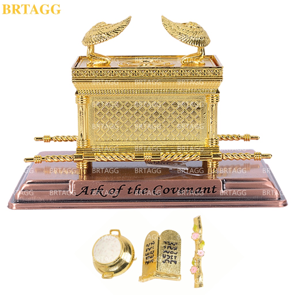 BRTAGG The Ark of the Covenant Gold Plated Replica Statue with Ark Content Aaron Rod / Mana Vessel / Ten Commandments Stone Rod HolyLand