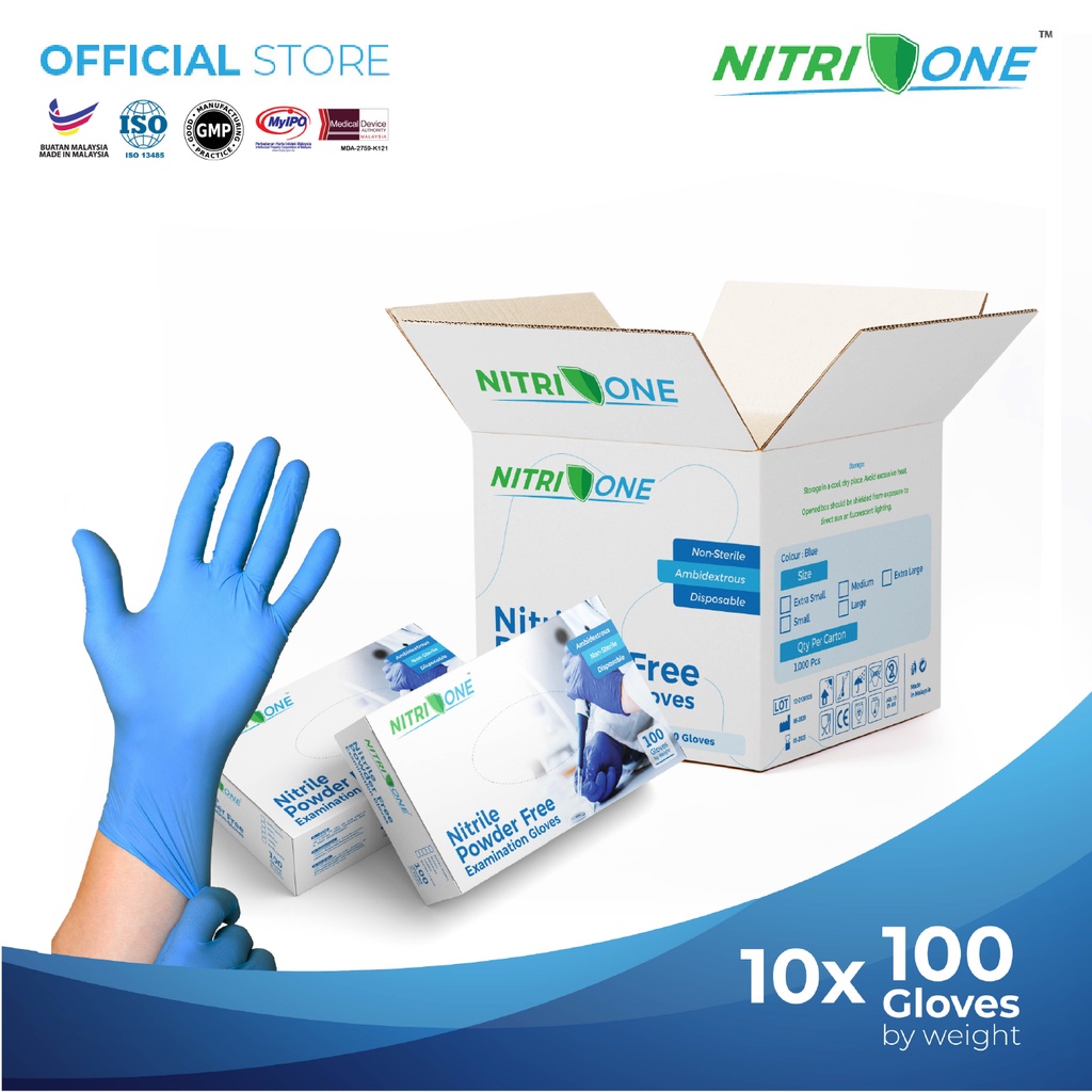 NitriOne Medical Nitrile Examination Gloves Powder Free (100 Pcs x 10 Boxes)