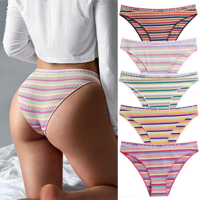 Women Colorful Cotton Panties Rainbow Striped Briefs Underwear Sexy Low Waist Underpants Lingerie M-2XL