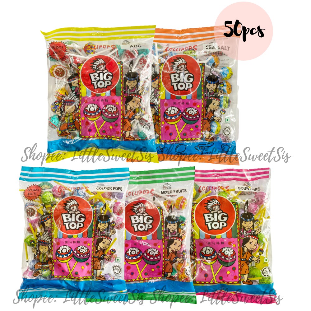 BIG TOP LOLLIPOP MIXED FRUIT/ SOUR /SEA SALT/ SPICY(FIRE)/MILK 50PCS [HALAL]