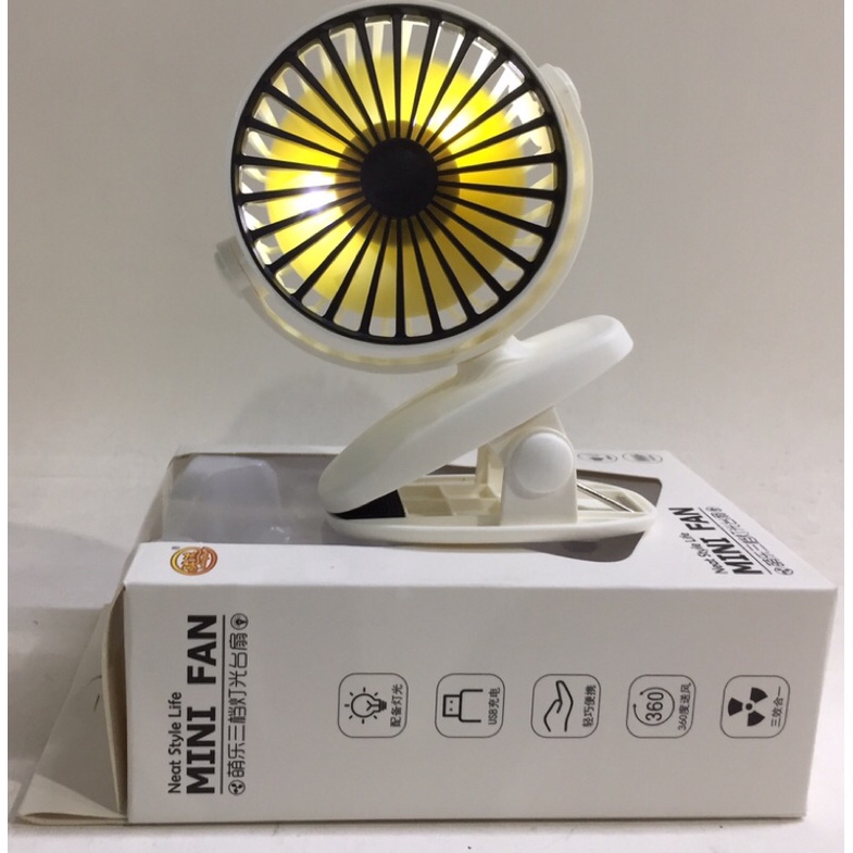 360Adjust LEDLight Small Mini Clip Fan BabyStroller YS2908 USBCharge kipas kepit