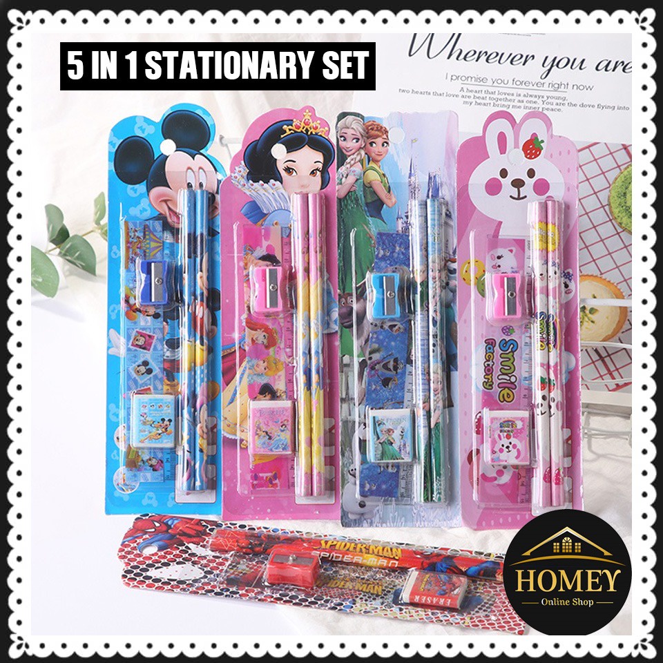 Stationery School Goodies Gift Pack Children Kids Pencil Cartoon 5 Piece Set Alat Tulis Hadiah Cenderahati Sekolah