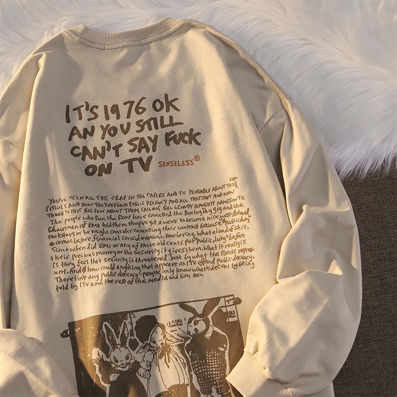 American Retro Street Alphabet Print Hip Hop Rabbit Sweatshirt Unisex Drop Shoulder Loose Round Neck Long Sleeve Plus Size Sweater