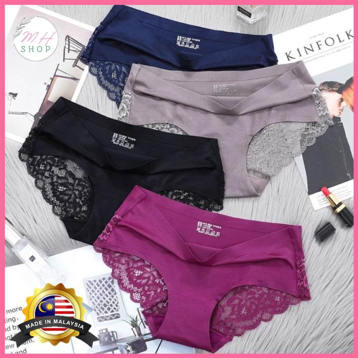 【Ready Stock M-2XL】Sexy Girl Soft Lace Panties Ice Silk Seamless Plus Size Underwear Women Briefs Underpants 蕾丝内裤