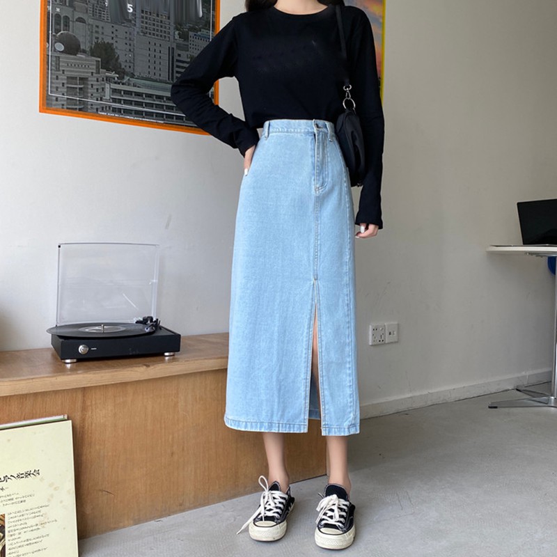 (PO) Slit High Waist Long Denim Skirt (Size S to L) | Shopee Malaysia