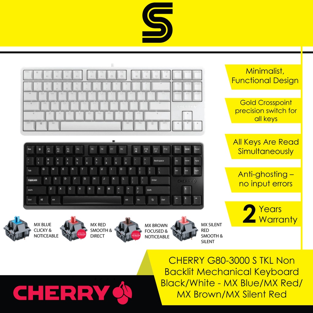 Cherry G80-3000 S TKL Non Backlit Mechanical Keyboard - Black/White ...