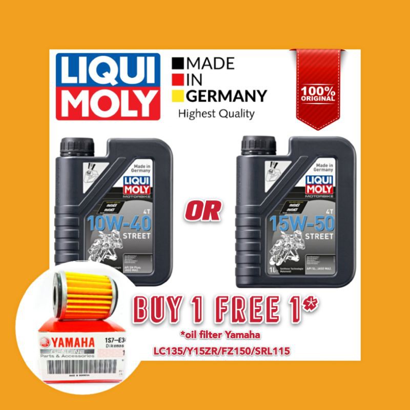 ORIGINAL LIQUI MOLY 1L 10W40 15W50 STREET ENGINE OIL 4T SEMI SYNTHETIC MADE IN GERMANY MINYAK HITAM FREE OIL FILTER