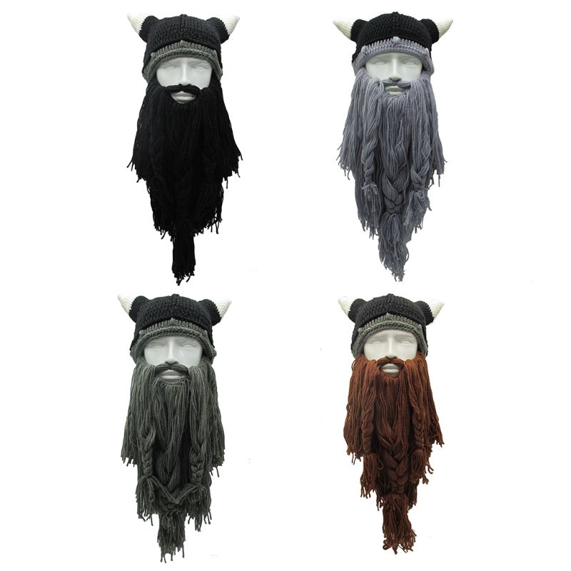 Halloween Cosplay Knitted Viking Beard Horn Hat Ski Mask Barbarian Vagabond Vintage Beanie Cap