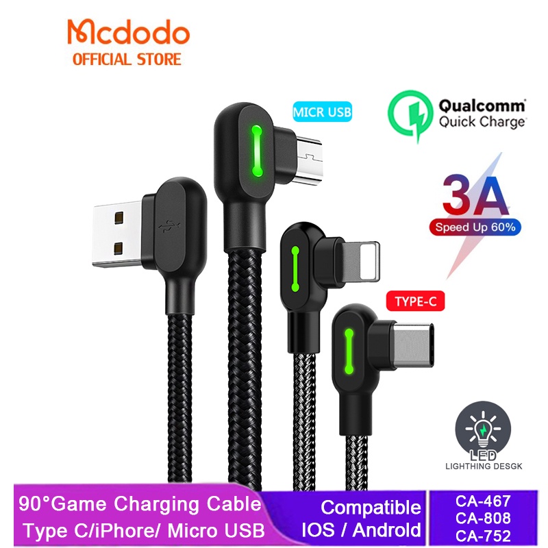 Mcdodo Charger iP Cable 3A QC 3.0 Fast Charging 90° Game Charging Cable Lightning / Micro Usb / Type-C CA-467/528/577