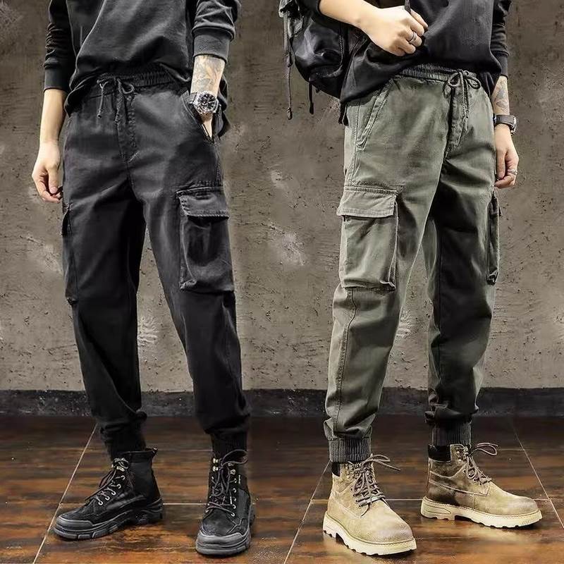 Cotton Men's Fashion Multi Pocket Long Cargo Pants Korean Style Slim ...
