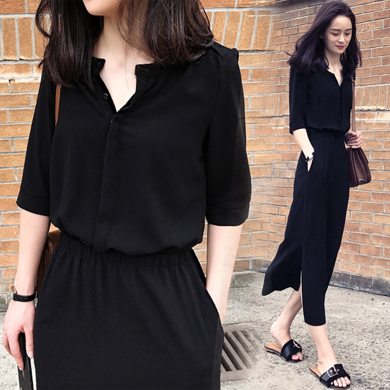 Women Elegant Solid Color Casual Elastic Waist Split Dress Korean V Neck Soft Half Sleeve Pockets Chiffon Midi Dresses