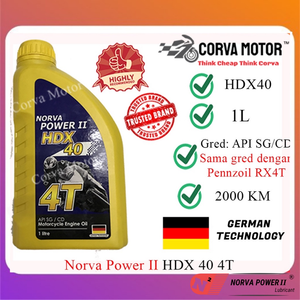 Corva Motor Norva Power II Hdx 40 Motorcycle Engine Oil 4T 1L Minyak Hitam 4T Lc135 Yamaha Rs150 Ex5 Wave Pennzoil Rx4T