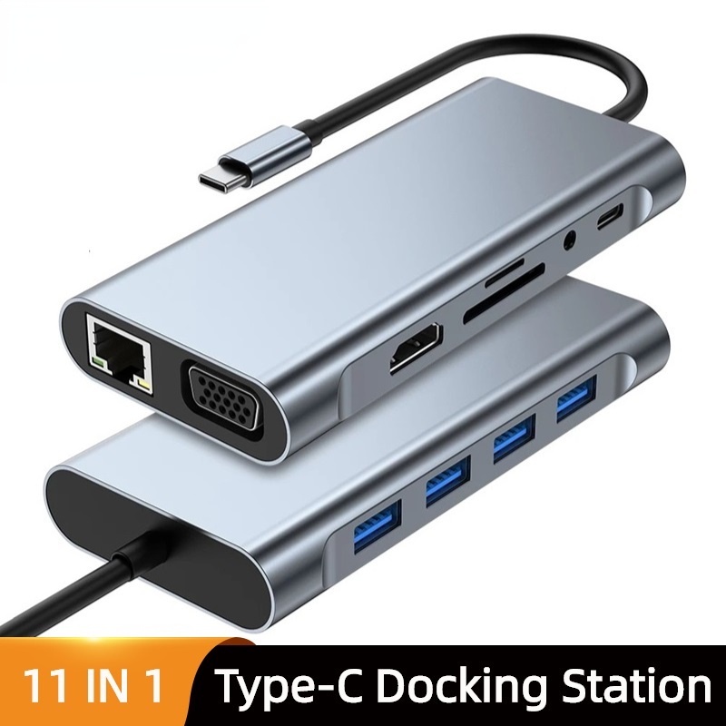 11-IN-1 USB C HUB 3.0 Type-C Docking Station Splitter To 4K HDMI VGA RJ45 Ethernet SD/TF Card Reader USB 3.0 87W PD Charging 3.5mm AUX Audio