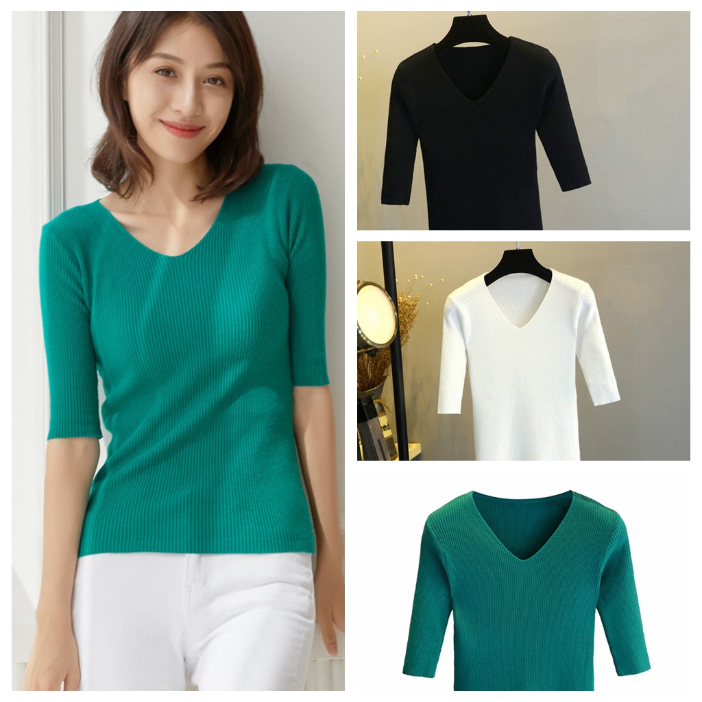 Women plus size Half Sleeve Knitted V neck t shirt top Women plus size Half Sleeve Knitted V neck t shirt top