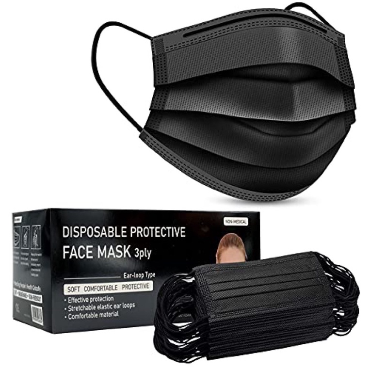Black Face Mask Disposable 3 ply 50pcs with box NonMedical Mask Hitam