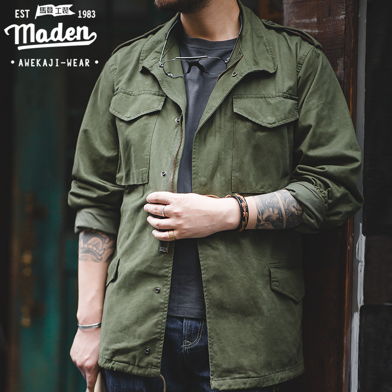 Maden Men's Military Retro M65 Field Jacket Classic Multi-Pocket - Green