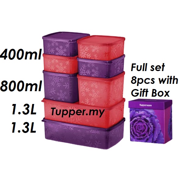 *Ready stock*4pcs/8pcs*Tupperware Snowflake Square Round Set with Gift Box 400ml/800ml/1.3L-Red/Purple