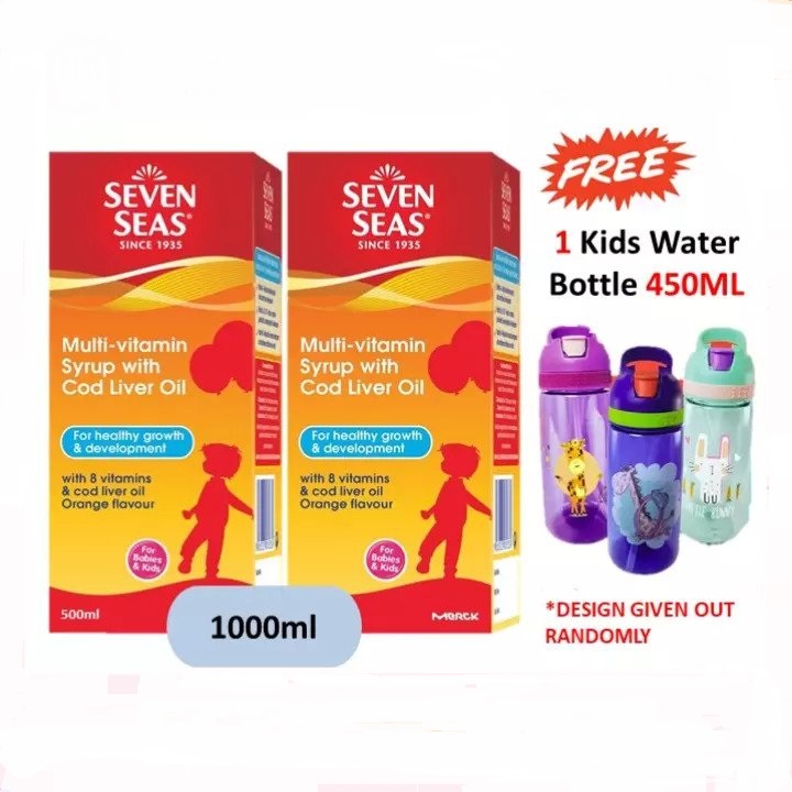 Seven Seas Multivitamin Syrup With Cod Liver Oil 500ML x 2 Free 1 Kids Children Water Bottle