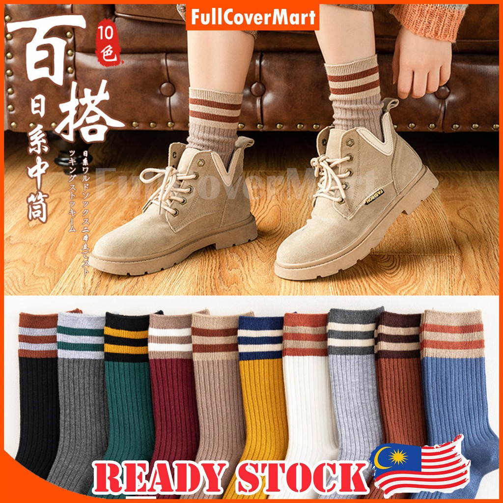 (SOX63) 3 Stripes Long Socks Women Cute Cartoon Thick Stocking Set 10 Colors