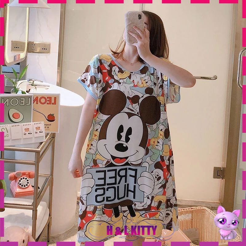 Baju Tido Wanita Baju Tidur PerempuaPlus Size Cartoon Pyjamas Baju Tidur Rumah Comfortable Short Sleeves Round Neck Dres