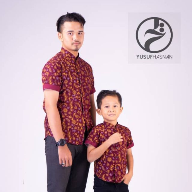 SET BATIK  SEDONDON BS08 MAROON KEMEJA  AYAH ANAK 