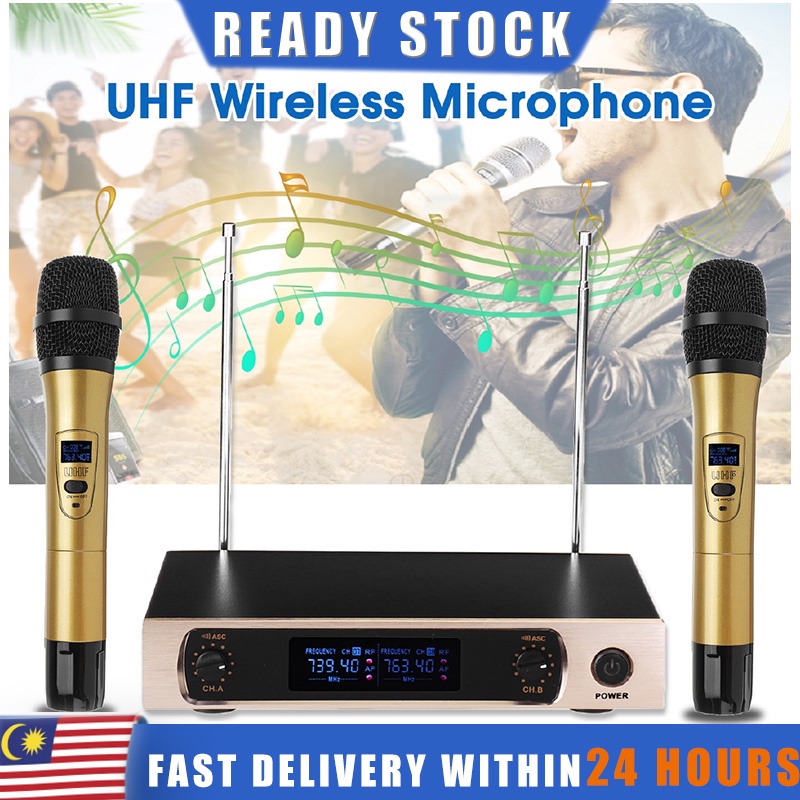 UHF Professional Wireless Microphones System 2Channel LCD Dual Cordless
